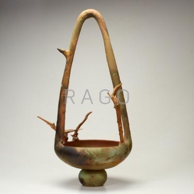 Appraisal: RICHARD HIRSCH Glazed ceramic sculptural basket with twigs USA Signed