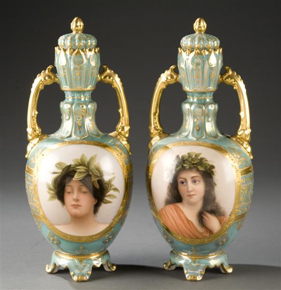 Appraisal: Pair of Royal Vienna Porcelain hand painted lidded portrait vases