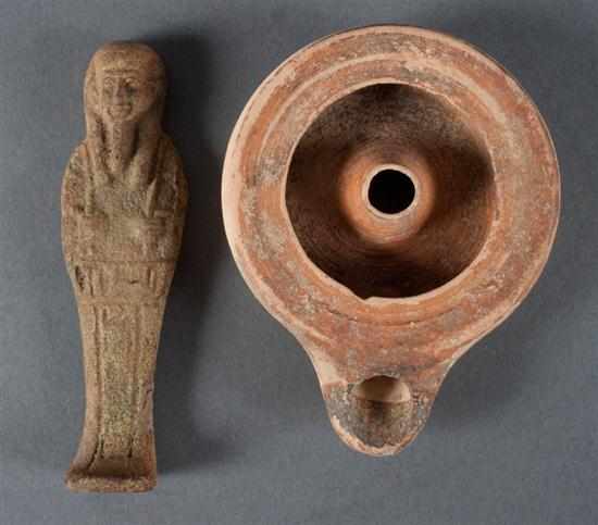 Appraisal: Ancient Egyptian pottery ushabti and an ancient culture terracotta oil