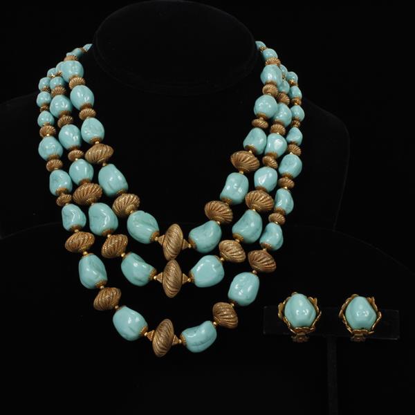 Appraisal: Miriam Haskell pc Gold Tone Turquoise Glass Beaded Necklace Clip