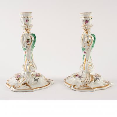 Appraisal: A pair of Meissen porcelain table candlesticks leaf moulded and