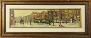 Appraisal: Painting Street Scene with Figures Trolley Handsome Cab American School