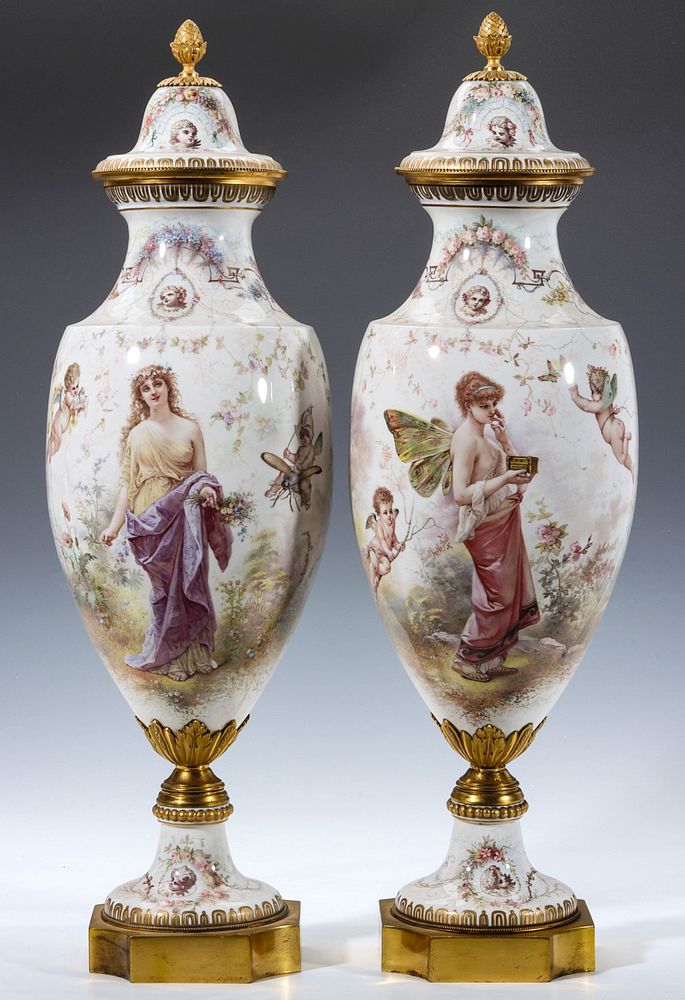 Appraisal: AN EXCEPTIONAL SEVRES URN PAIR SIGNED M DEMONCEAUX An exceptional