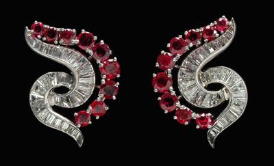 Appraisal: Pair diamond ruby platinum earrings swirl earrings set with tapered