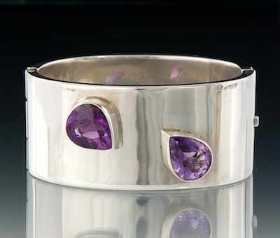 Appraisal: A Mexican Sterling Silver and Amethyst Bangle Bracelet Sterling silver