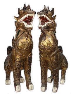 Appraisal: Thai Burmese Wood Lions lot of Thai Burmese gilt wood