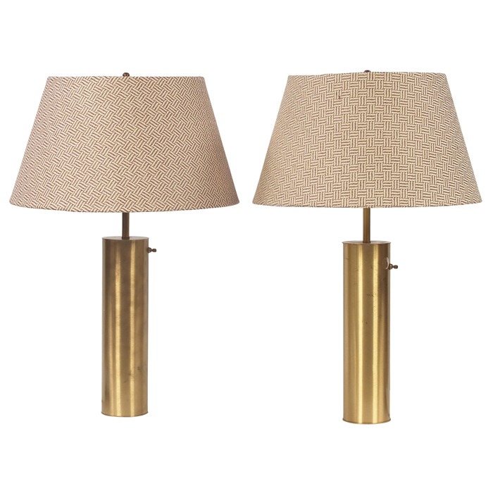 Appraisal: Nessen table lamps pair brushed brass replaced shades with herringbone