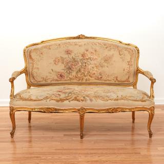 Appraisal: Louis XV style carved giltwood Aubusson settee Louis XV style