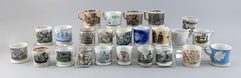 Appraisal: TWENTY-FOUR ENGLISH POTTERY CHILD'S MUGS th Century Various transfer decoration