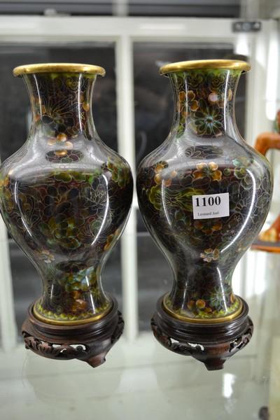 Appraisal: A PAIR OF CLOISONNE VASES ON WOODEN STANDS