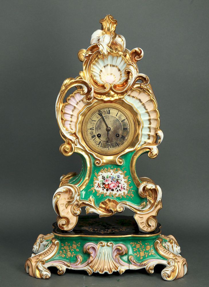 Appraisal: French Rococo Gilt Painted Mantel Clock Rococo gilt and polychrome