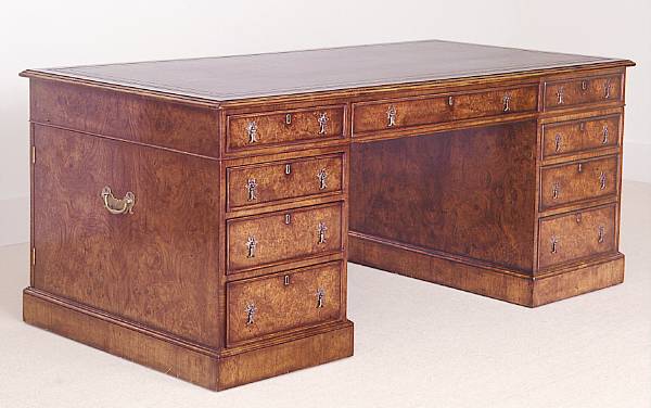 Appraisal: A George III style burl walnut partners desk The rectangular