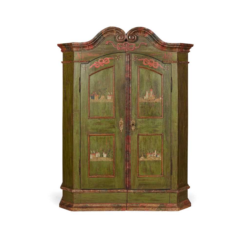 Appraisal: SOUTH GERMAN GREEN PAINTED AND POLYCHROMED MARRIAGE CUPBOARD DATED cm