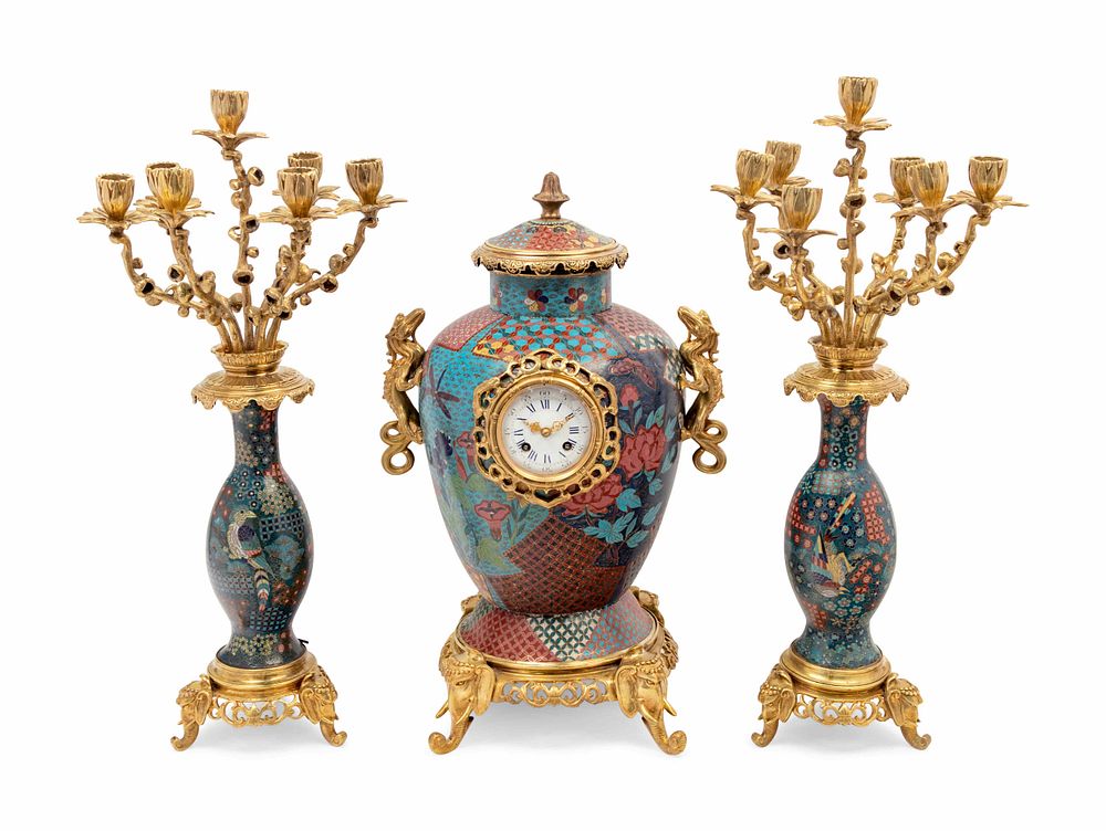 Appraisal: A French Gilt Bronze and Cloisonne Japonisme Clock Garniture A