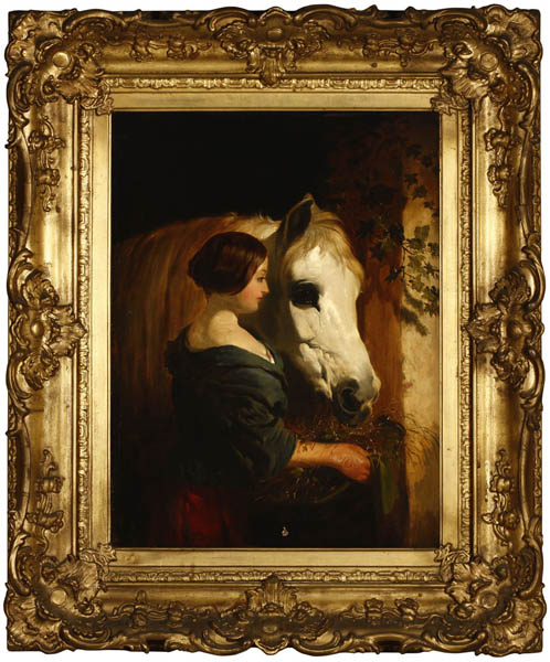 Appraisal: Brit school th century oil woman feeding horse Brit school