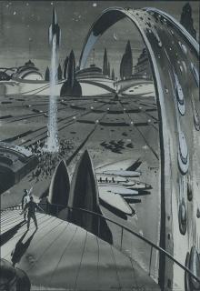 Appraisal: Futuristic Cityscape with Rocket Ship Port Gramatky Jr Bernhard Hardie