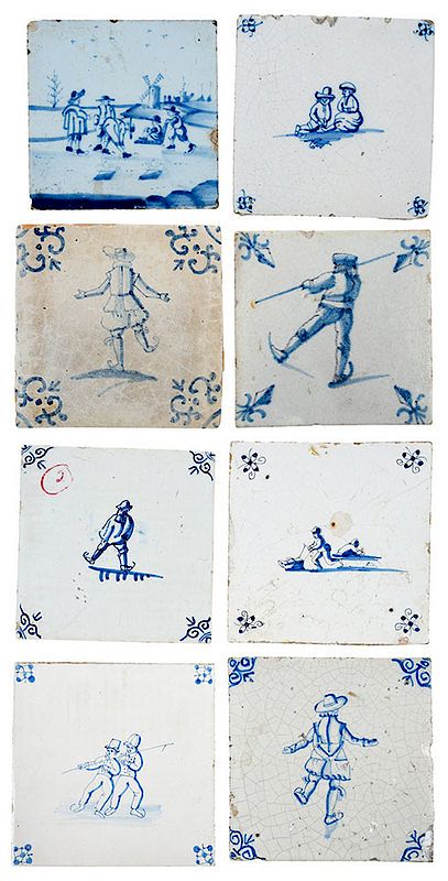 Appraisal: Eight Dutch Delft Skating Tiles th century blue and white