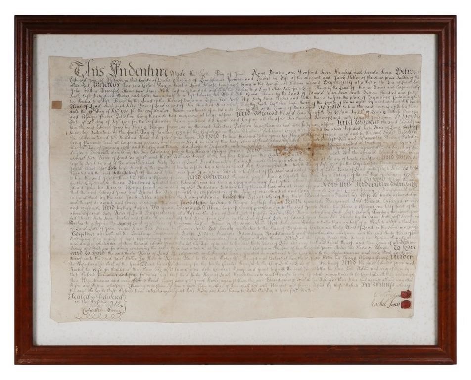 Appraisal: Handwritten indenture on vellum dated June Measures x overall including