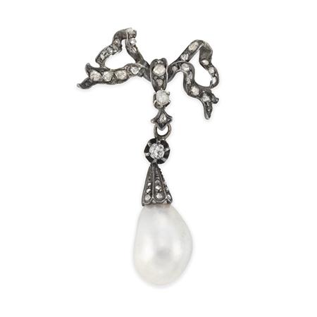 Appraisal: Antique Diamond and Natural Pearl Bow Brooch Estimate -