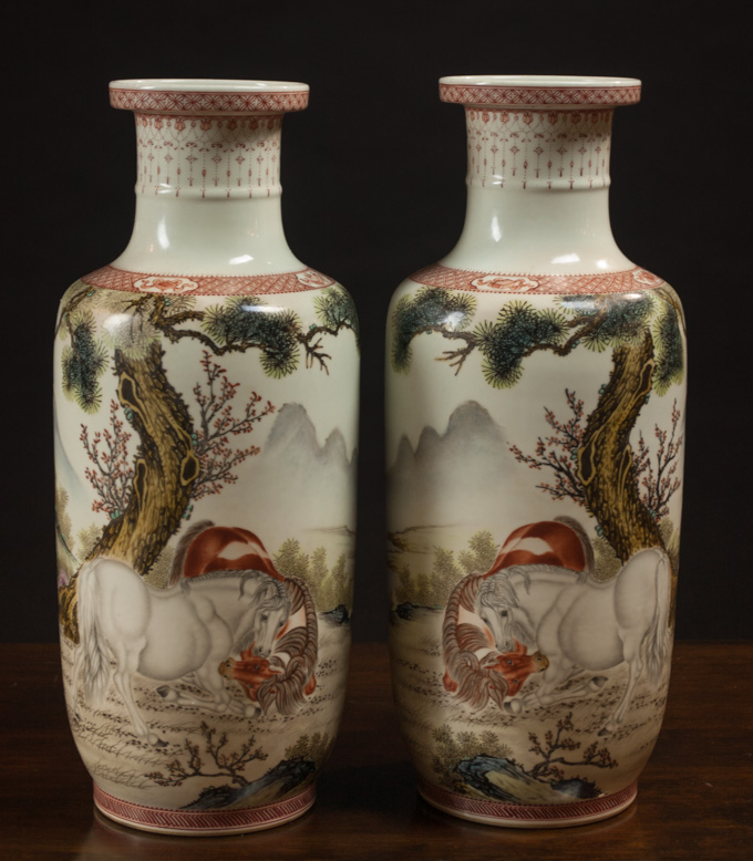 Appraisal: TWO CHINESE PORCELAIN VASES rouleau form hand enameled featuring playful