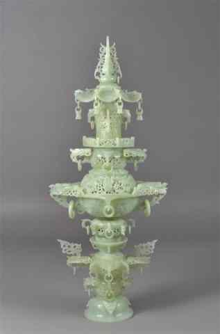 Appraisal: A Massive Chinese Carved Jade CensorOf pagoda form with six