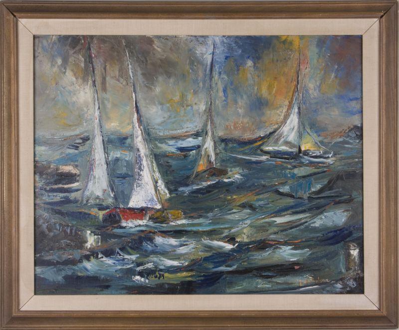 Appraisal: L Nicholson American th c Sailboats oil on canvas signed