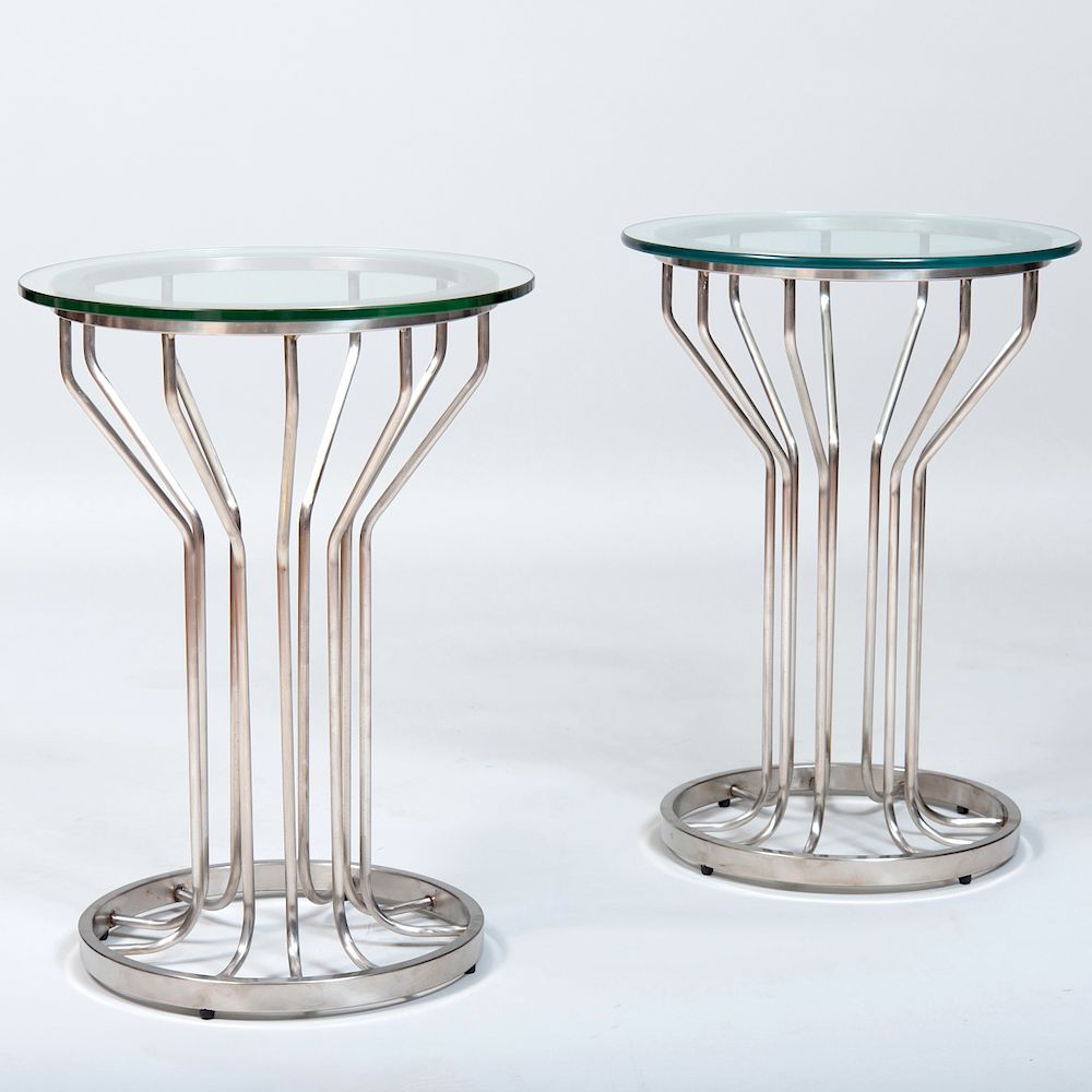 Appraisal: Pair of Nickel and Glass Circular Side Tables x in