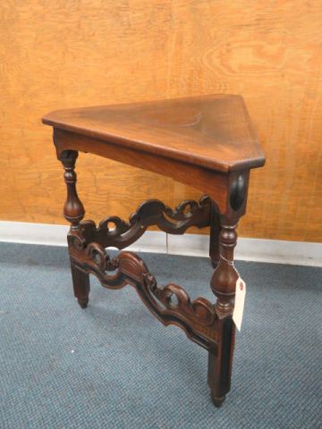 Appraisal: Pair of Carved Walnut Side Tables triangular fancy stretchers tall