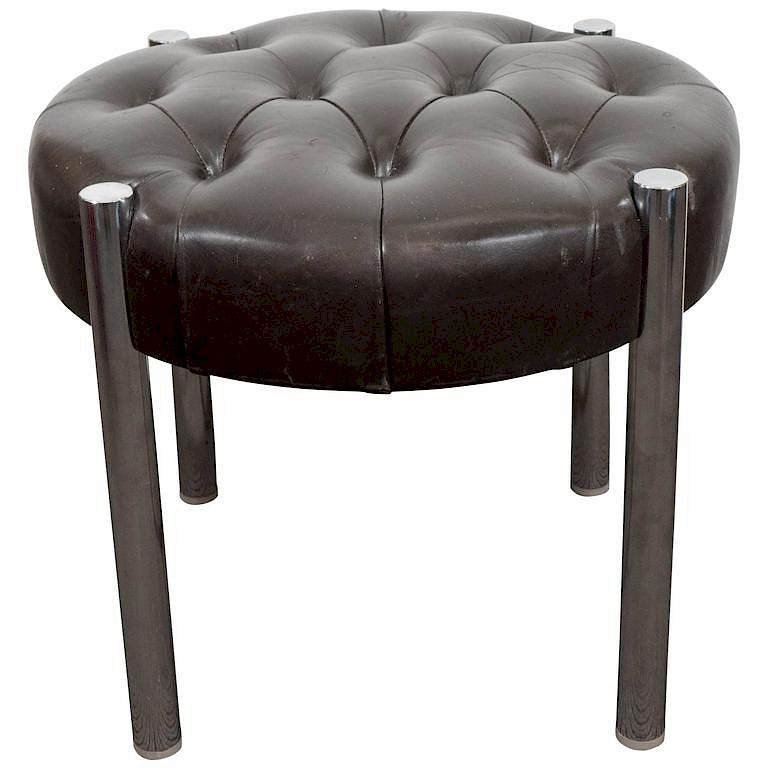 Appraisal: Mid-Century Tufted Leather Chrome Stool Ottoman Mid-century modern stool or