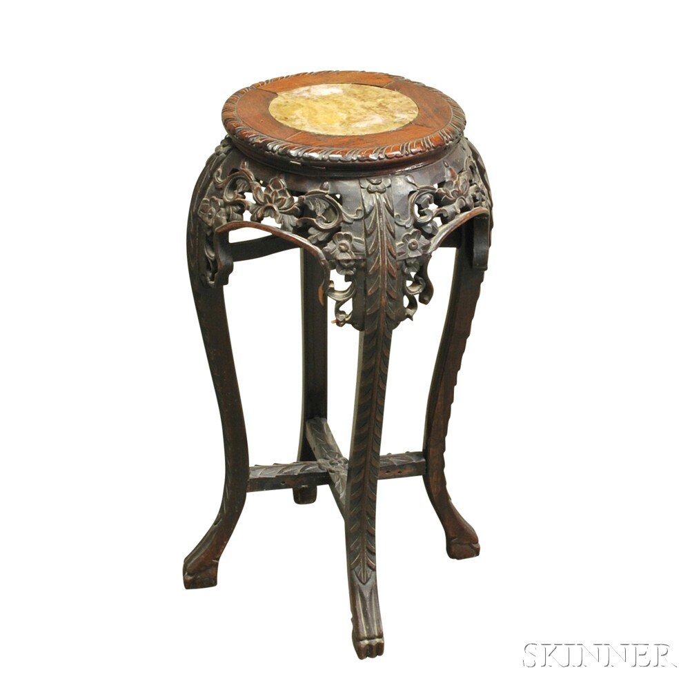 Appraisal: Chinese Carved Hardwood Marble-top Occasional Stand the round top with