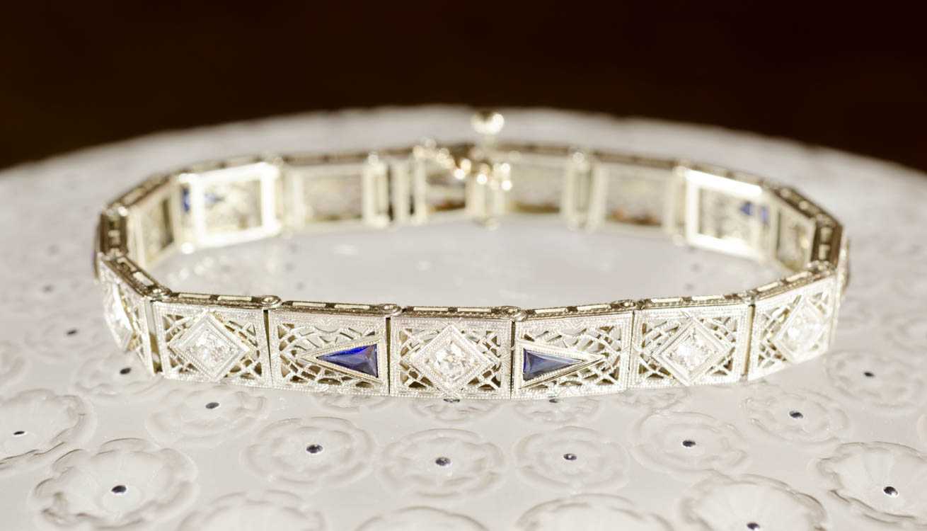 Appraisal: ART DECO DIAMOND AND SAPPHIRE BRACELET The k white gold