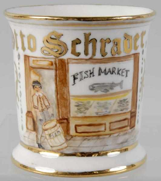 Appraisal: Fish Market Scene Shaving Mug Description Gilt name Otto Schrader