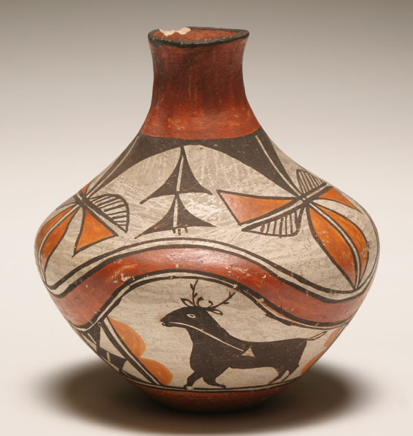 Appraisal: Native American Zuni pictorial water jar with heartline deer The