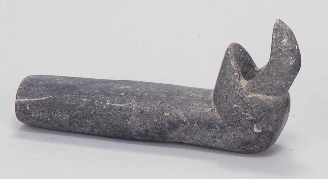 Appraisal: STONE BIRD EFFIGY PIPE th CenturyWith open beak Length