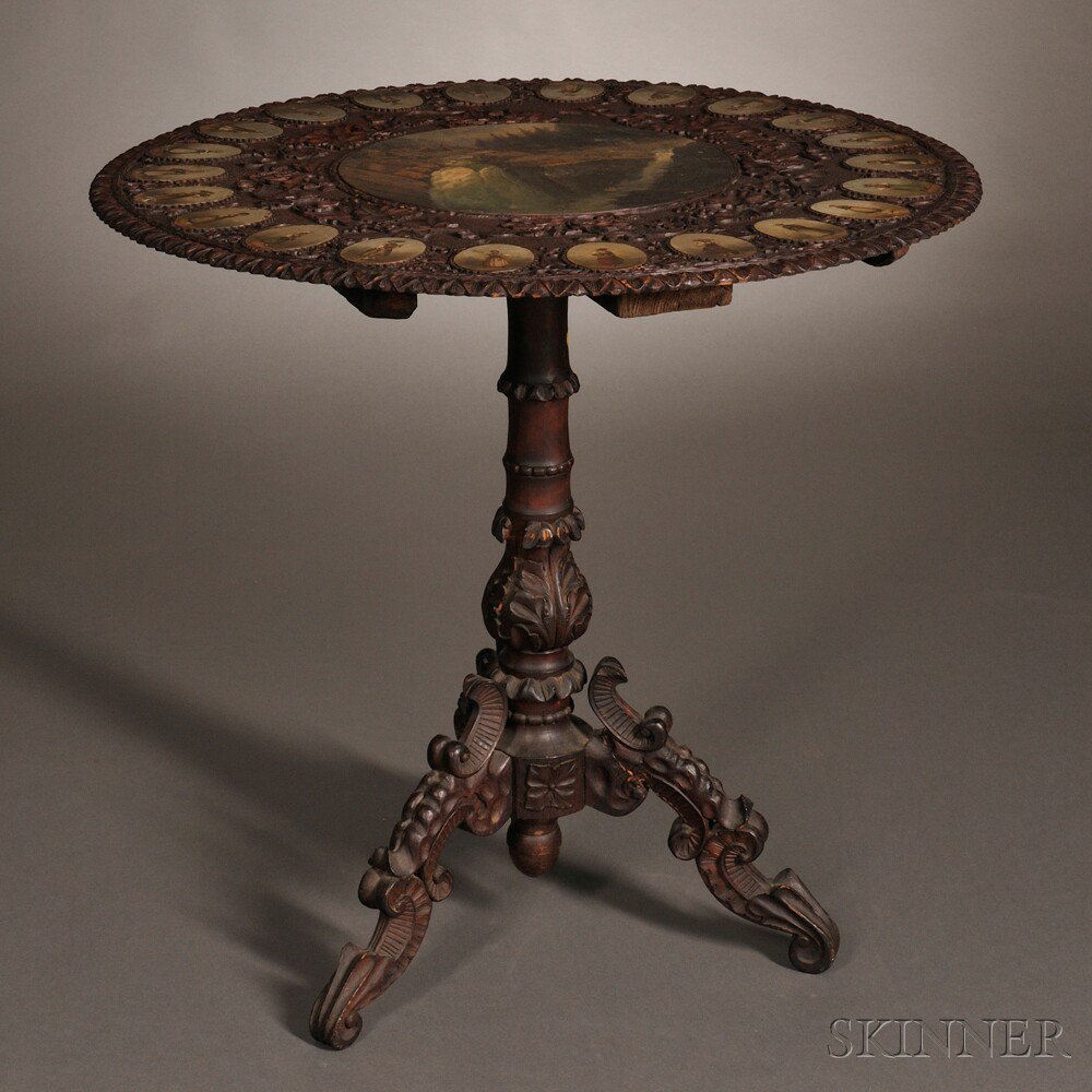 Appraisal: Alpine Painted and Carved Walnut Tilt-top Table Switzerland mid- th