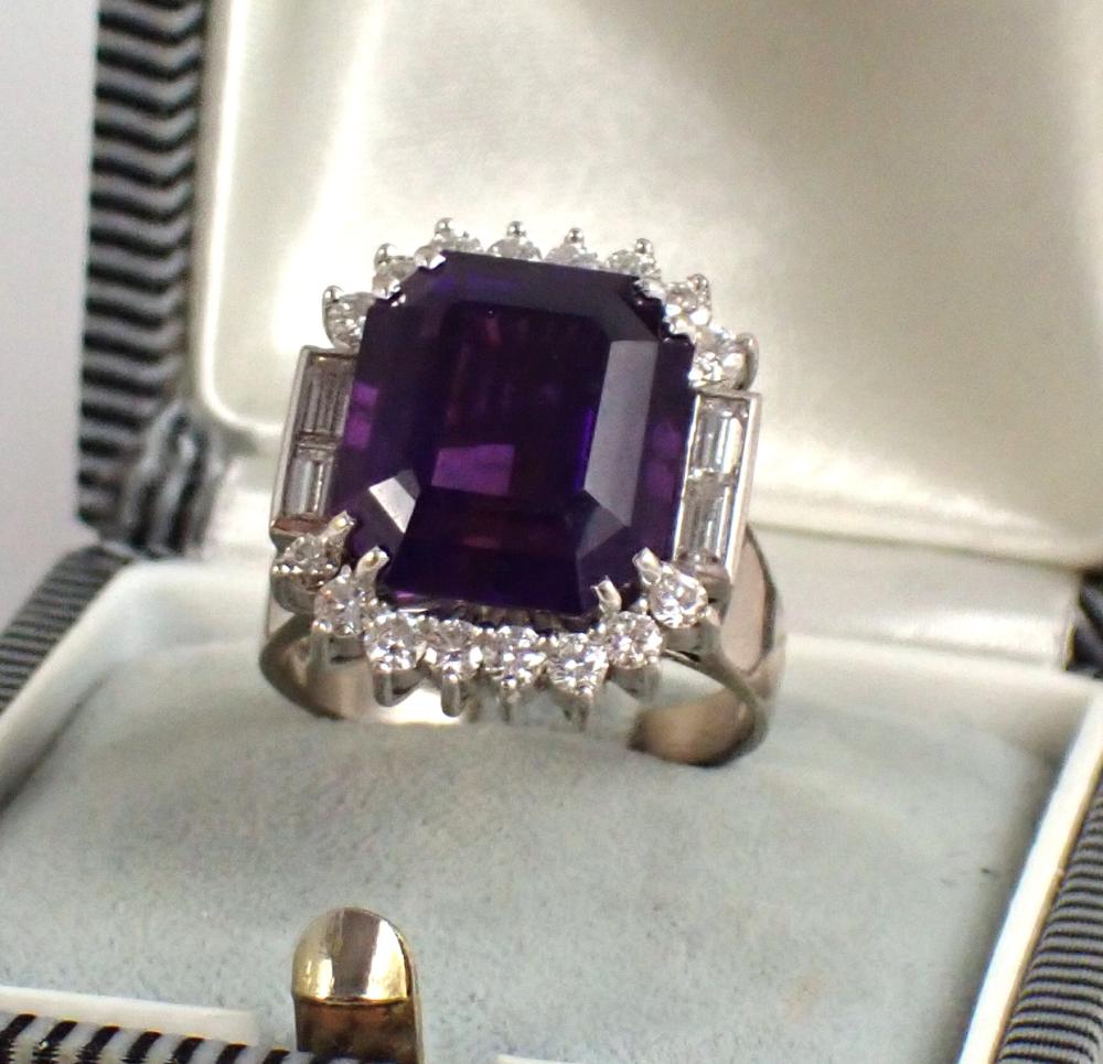 Appraisal: AMETHYST DIAMOND AND EIGHTEEN KARAT WHITE GOLD RING with round-cut