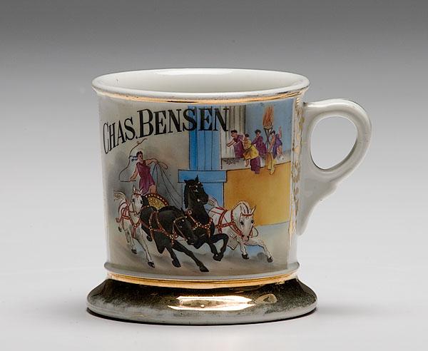 Appraisal: FINE SHAVING MUG WITH PAINTED CHARIOT RACING SCENE porcelain with