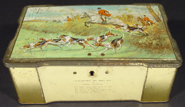 Appraisal: Lockable Clarinco advertising tin box printed with a hunting scene