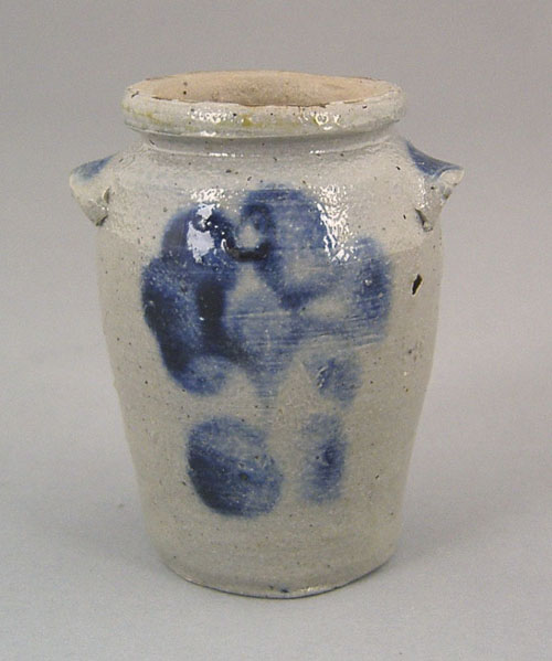 Appraisal: Miniature stoneware crock th c with cobalt double sided floral