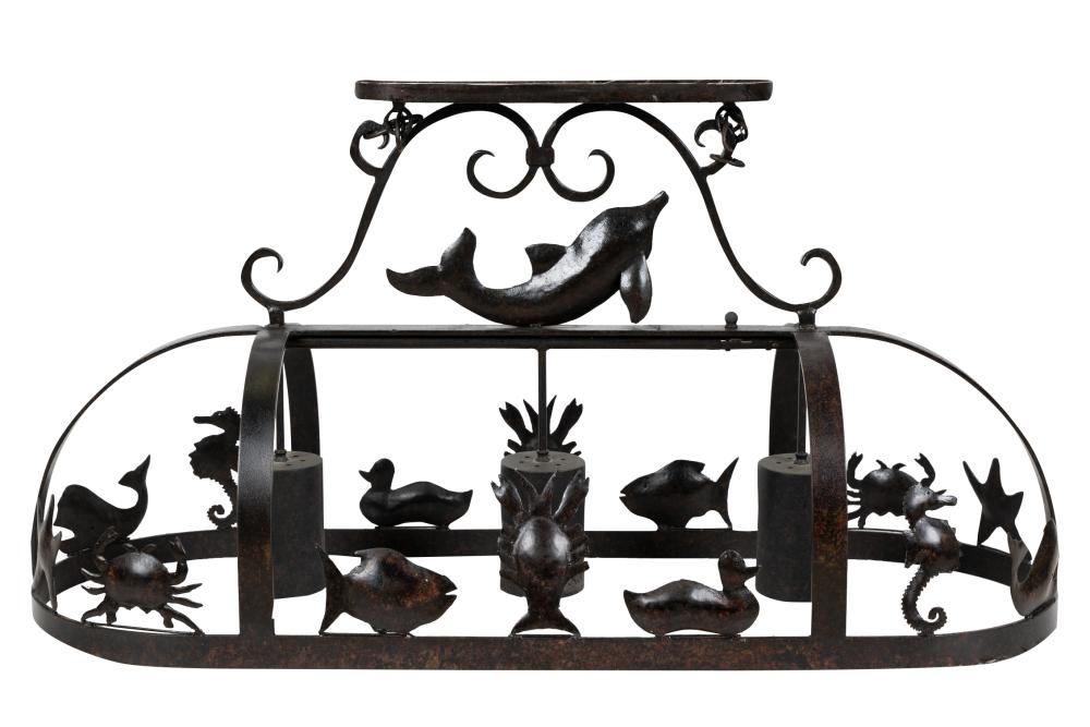 Appraisal: WROUGHT IRON POT RACK FIXTUREwith three lights and ocean motif