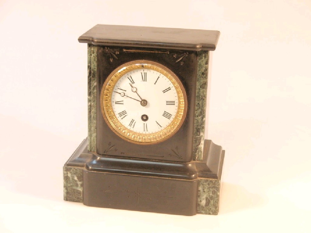 Appraisal: A thC slate and marble mantel timepiece the white enamel