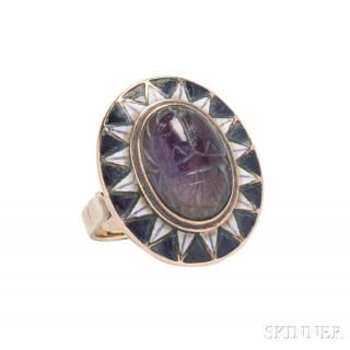 Appraisal: kt Gold Amethyst and Enamel Ring centering a carved amethyst