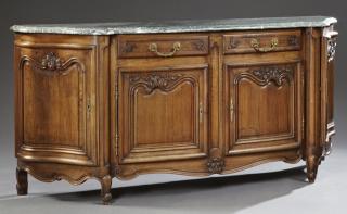 Appraisal: Louis XV Style Carved Walnut Bombe Marble Top Side Louis