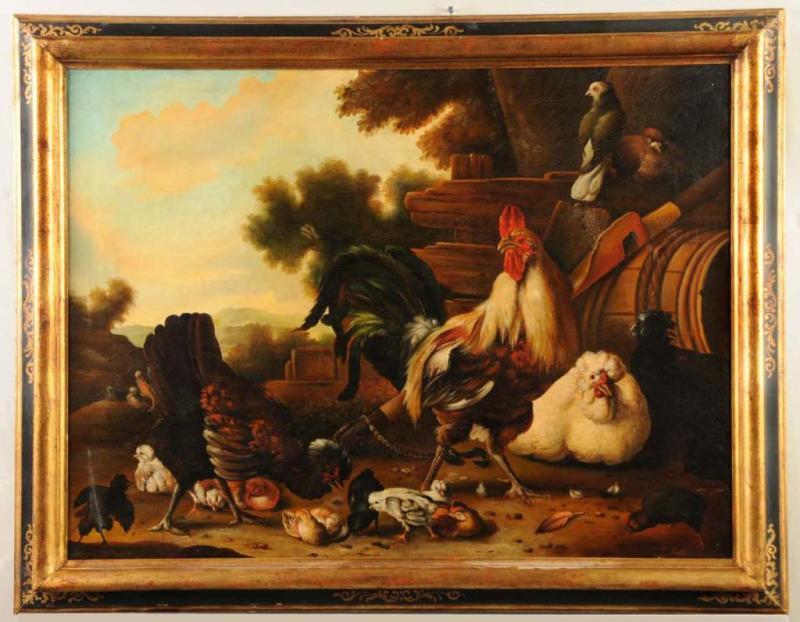 Appraisal: Oil on Canvas Barnyard Landscape Description th Century Continental School