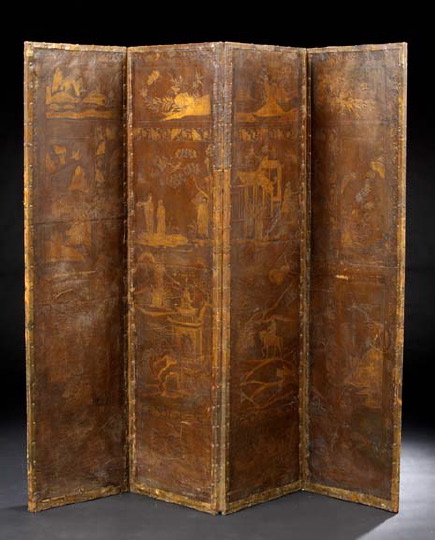 Appraisal: Four-Panel Leather Chinoiserie Screen fourth quarter th century each vertical