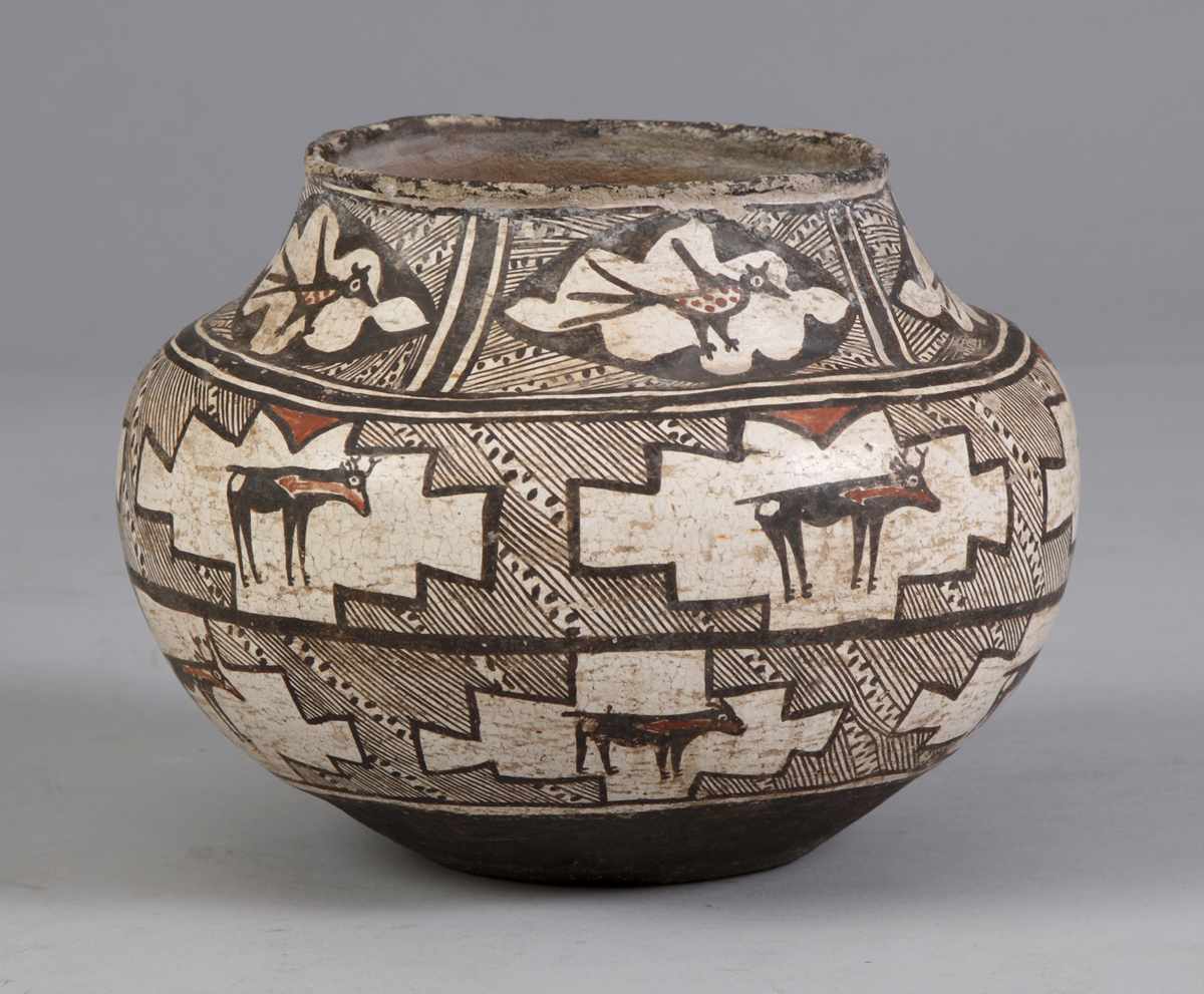 Appraisal: Zuni Olla w Birds Deer Late th cent Repair to