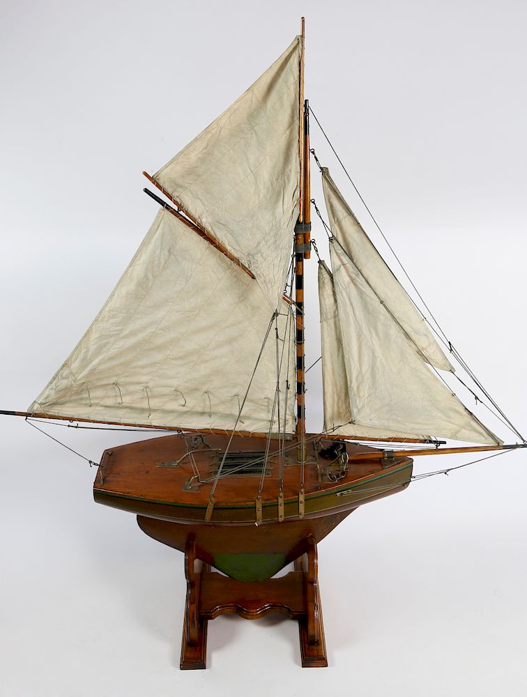 Appraisal: Vintage Gaff Rigged Pond Model with Sails on Stand Exclusive