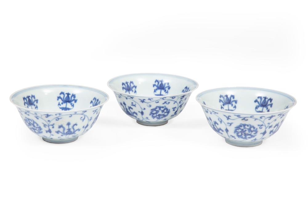 Appraisal: THREE CHINESE BLUE AND WHITE PORCELAIN BOWLSThree Chinese Blue and