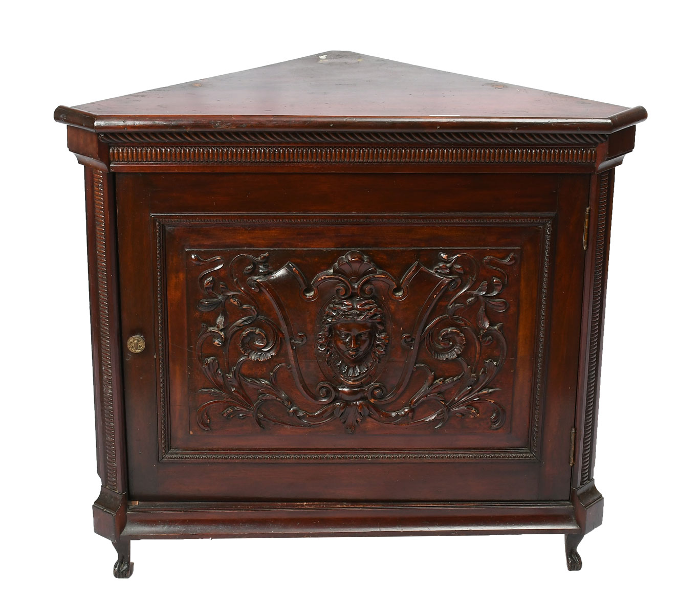 Appraisal: CORNER CABINET W RELIEF CARVING Single door corner cabinet having