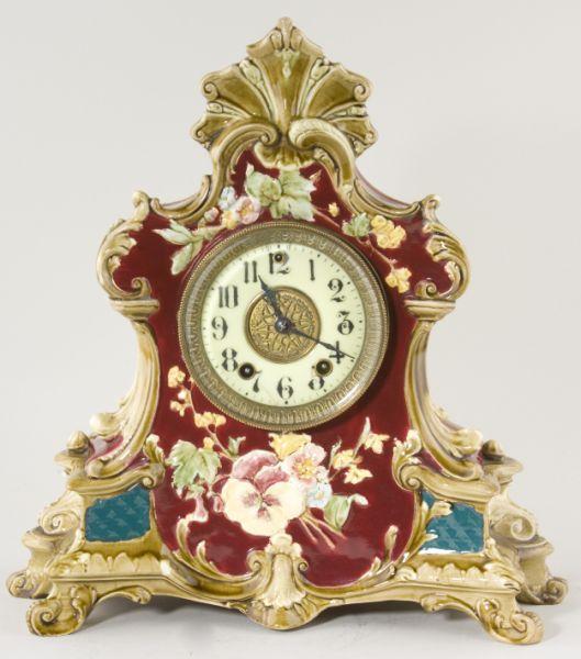 Appraisal: Gilbert Majolica -Day Cased Mantel Clock unmarked Continental case ca